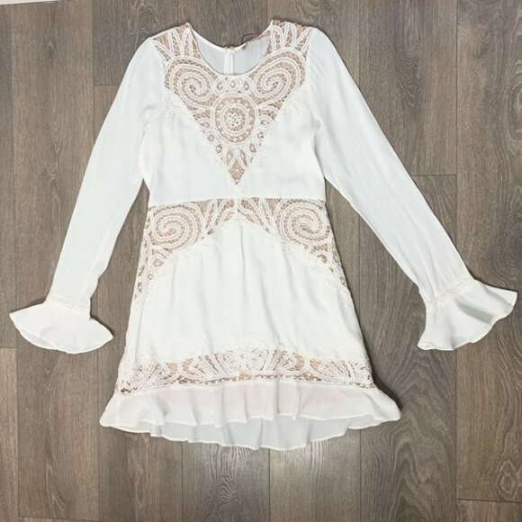 For Love and Lemons Valentina Mini Dress Lace  Flare Sleeve Lace Crochet White - Picture 4 of 16